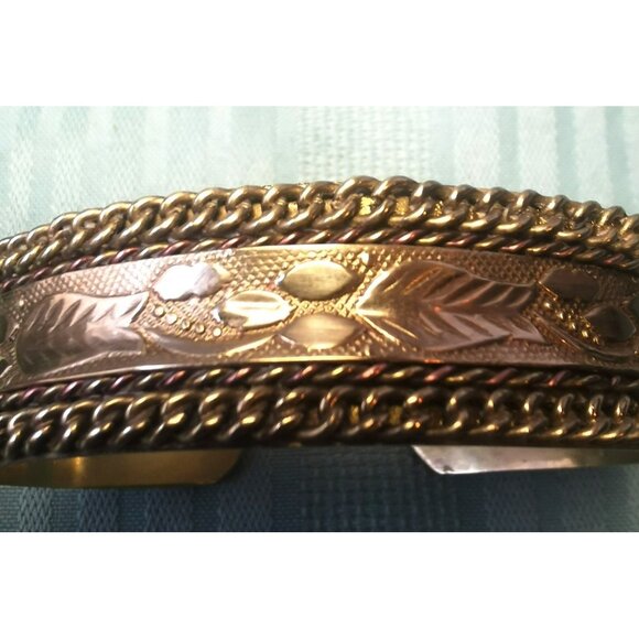 Etched Brass Cuff Bracelet Wide Boho Statement Cuff with Chain Border Vintage - Picture 6 of 11